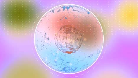 inteligencia artificial y concepto de aprendizaje profundo. holograma de esfera de plexo digital en círculo punteado girando sobre un fondo colorido con la cortina de números bajando.