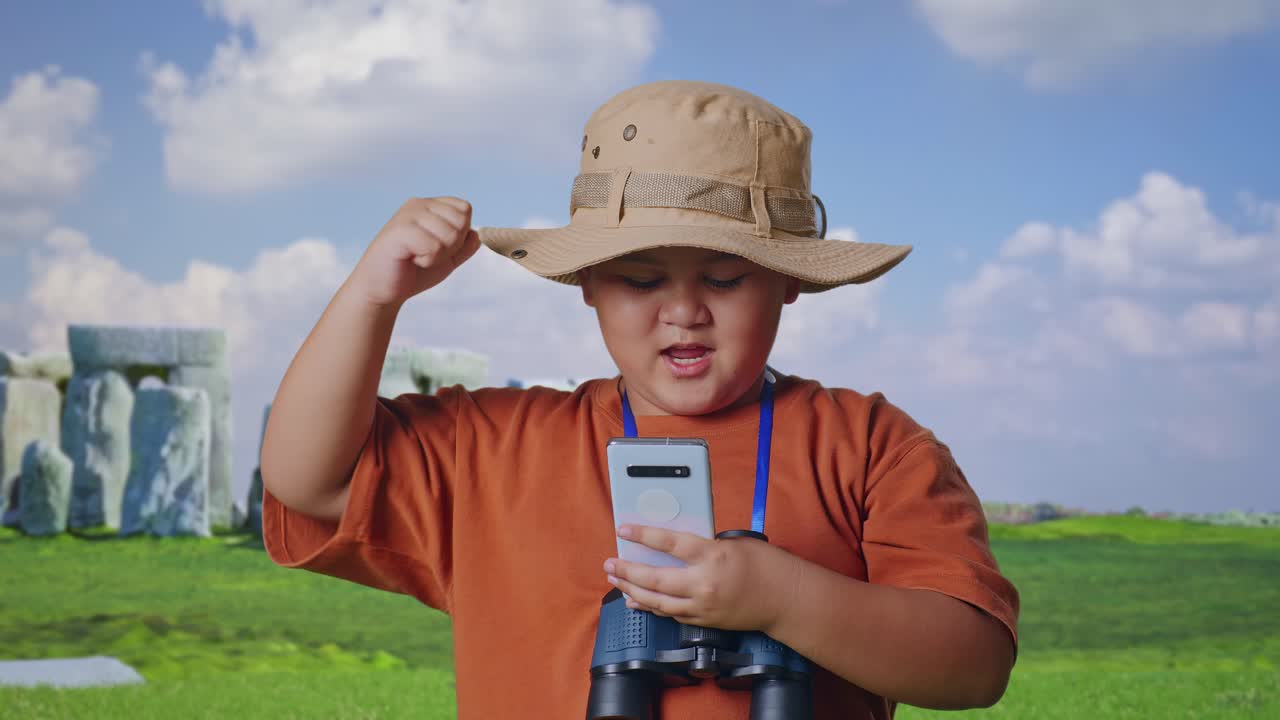 Asian Boy With A Hat And Binoculars Looking At Smartphone Then Screaming Goal Celebrating While Traveling In Stonehenge. Boy Researcher Examines Something, Travel Tourism Adventure, Close Up