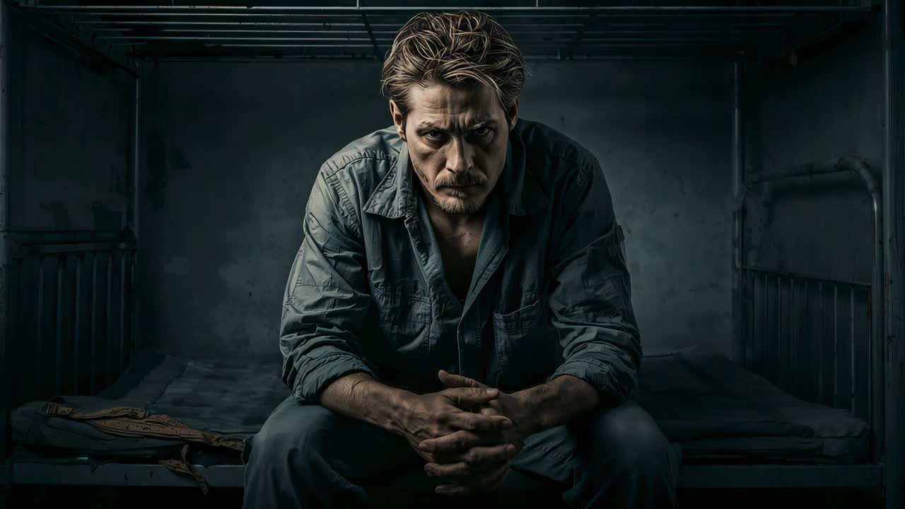 Sitting man clasping hands, staring in cell on thin mattress, wearing worn shirt sleeves rolled