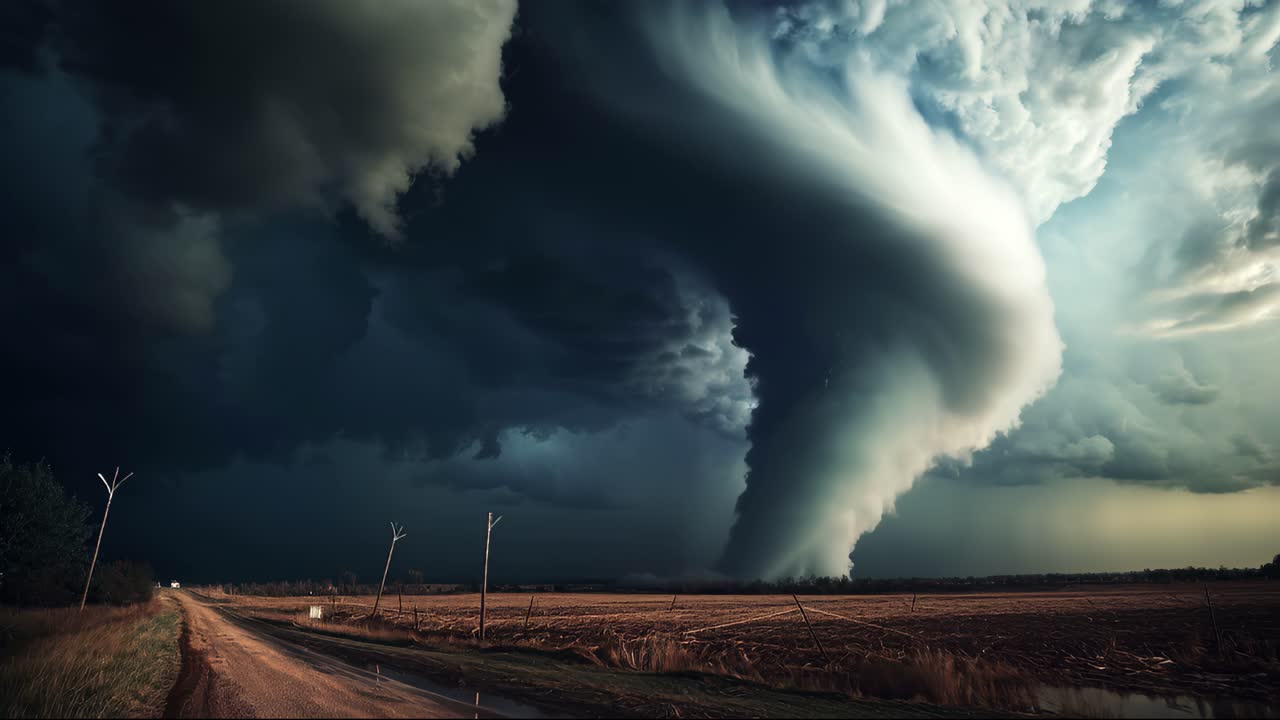 Time-lapse of a tornado forming on a rural field, near a countryside road, video