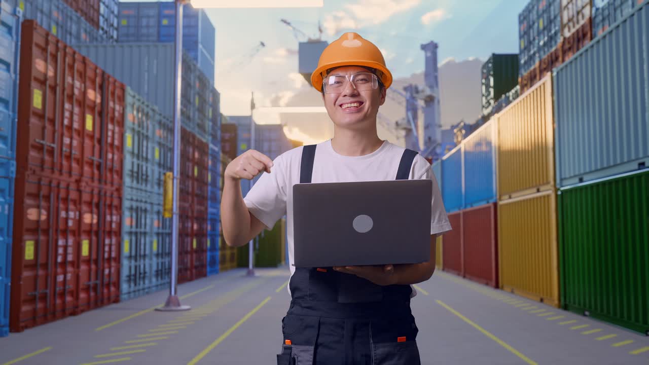 Asian Man Worker Wearing Goggles And Safety Helmet Smiling And Pointing To A Laptop In His Hand While Standing At Container Yard Warehouse