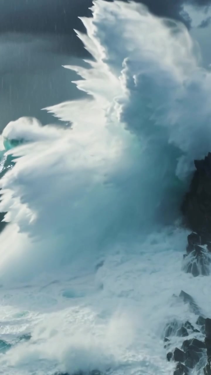 Vertical video: Incoming swell hitting cliff, throwing spray and churning foam amid storm clouds