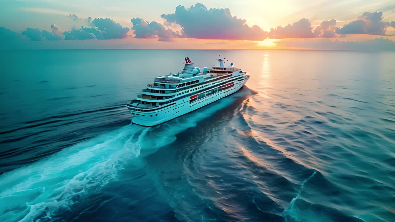 Luxurious Cruise Ship Sailing into Sunset on the Ocean