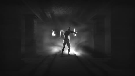 animation of scary zombie mummy walking in dark crypt with burning torches, in black and white