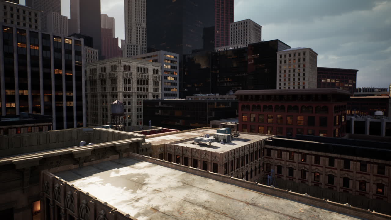 City skyline at dusk with dramatic clouds over urban rooftops in downtown area