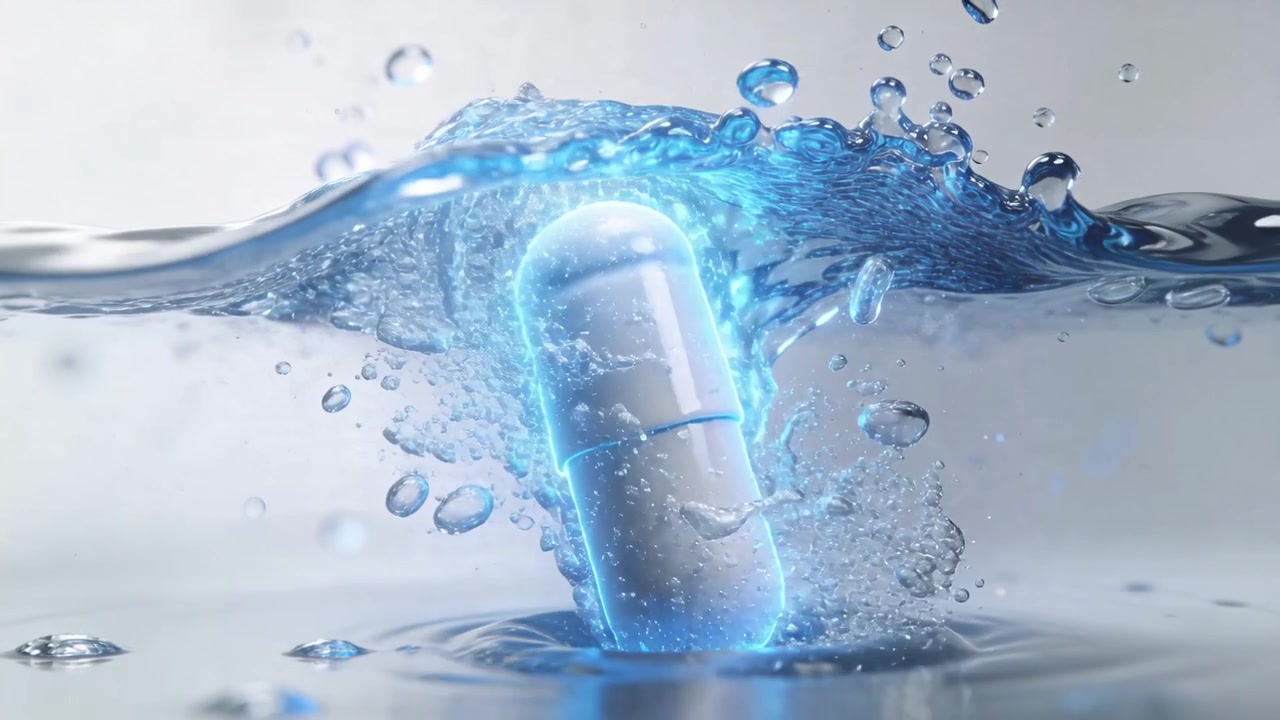Capsula bianca con cuciture che si avvicina e colpisce la piscina, inclinando nell'acqua, con un'aura blu che crea increspature.