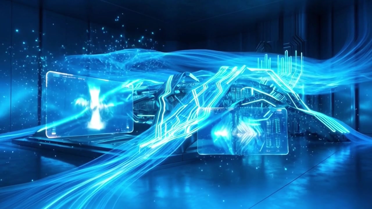 Futuristic Digital Circuitry Structure with Glowing Data Streams