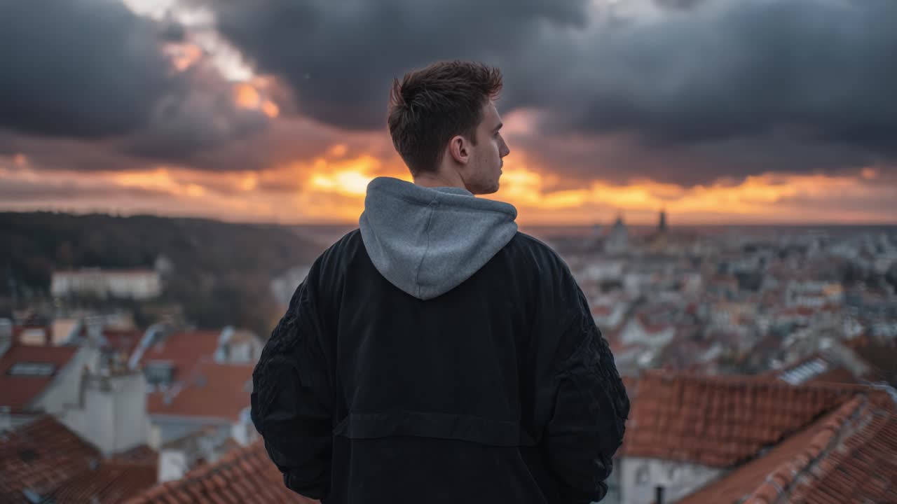 A Reflective Moment: Capturing the Essence of Contemplation as a Young Man Looks Towards a Stunning Sunset Over a Scenic City Landscape