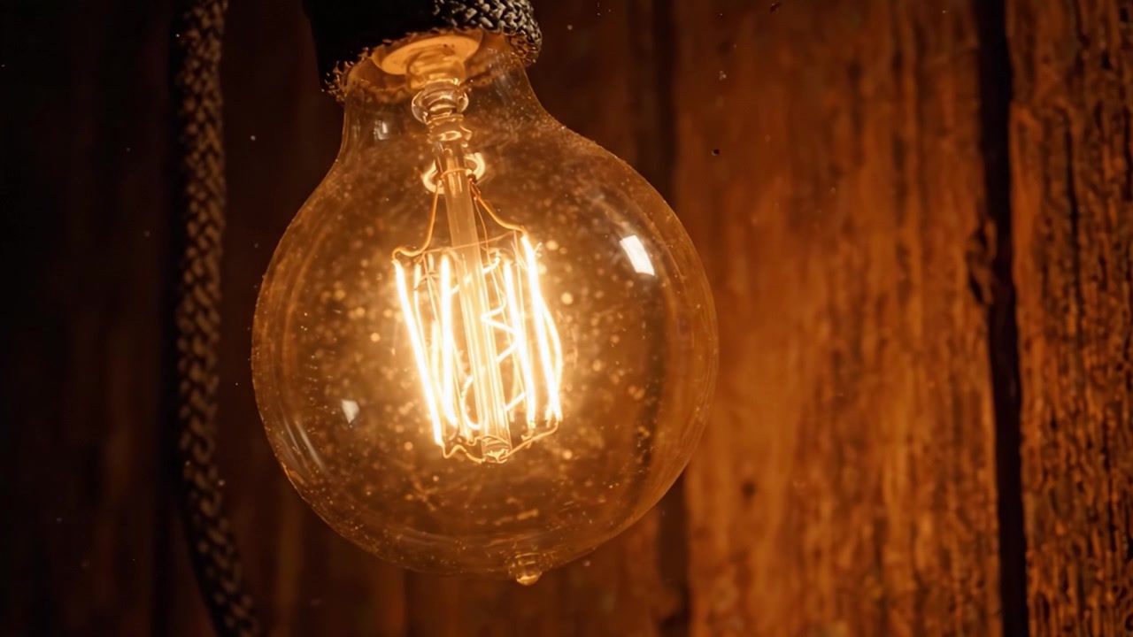 Un'esplorazione ravvicinata di una lampadina vintage: catturare il calore e i dettagli intricati del suo filamento unico e del design in vetro su uno sfondo di legno rustico.