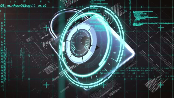 Animation of processing circle over digital padlock and data processing on black background