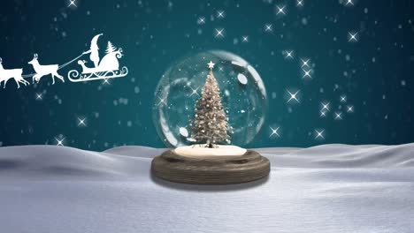 Snow-falling-over-christmas-tree-in-a-snow-globe-on-winter-landscape-against-blue-background