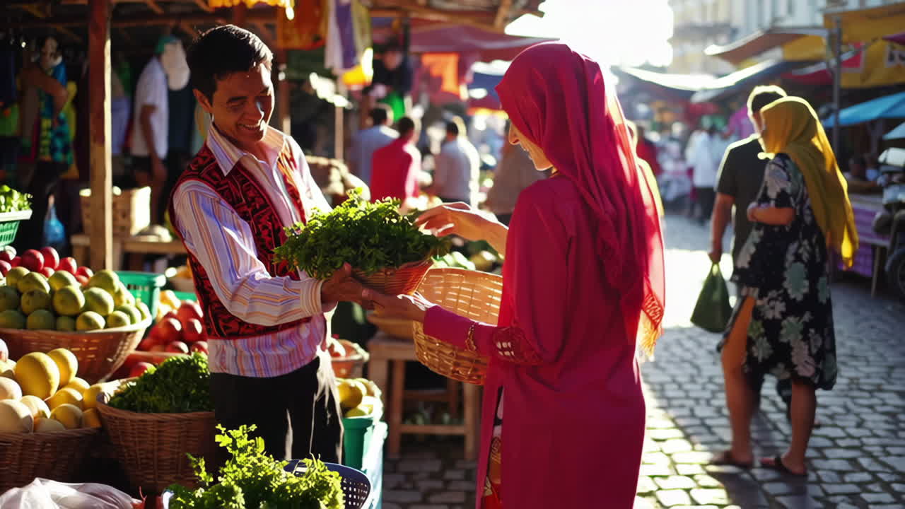 Busy outdoor market with fruit and vegetable stalls