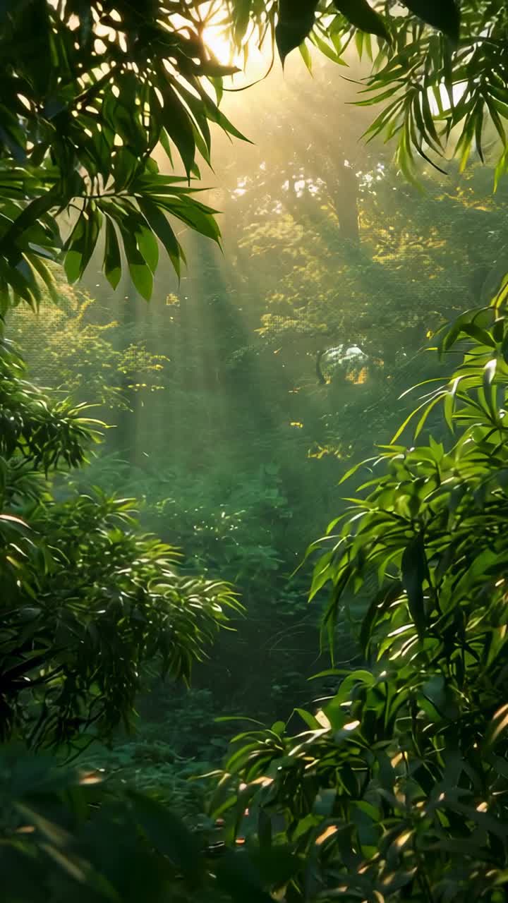 Video verticale: sole nascente che irradia raggi attraverso la volta sopra una radura nella foresta, illuminando le foglie verdi