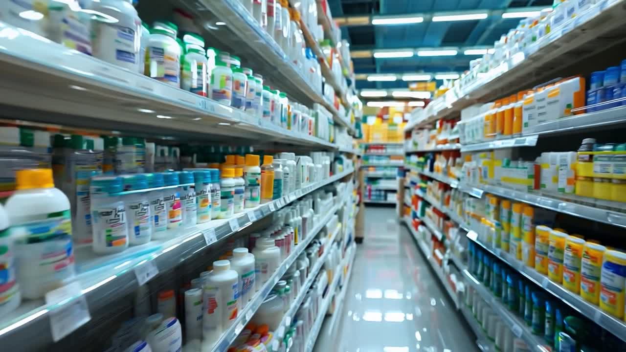 Aisle in a store with shelves full of vitamins and supplements