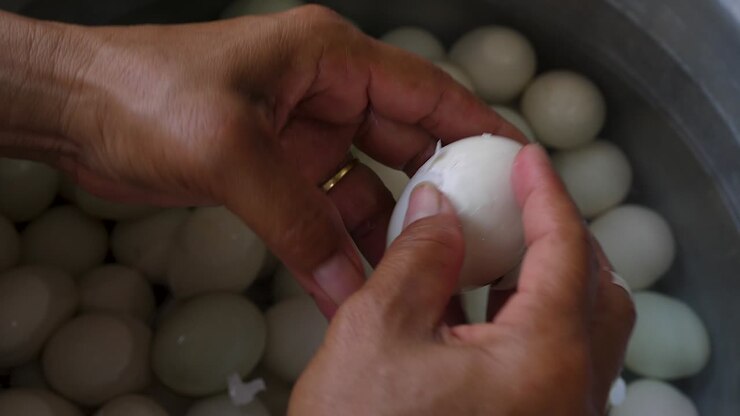Hand peeling hard boiled duck eggs over pot of water, close up
