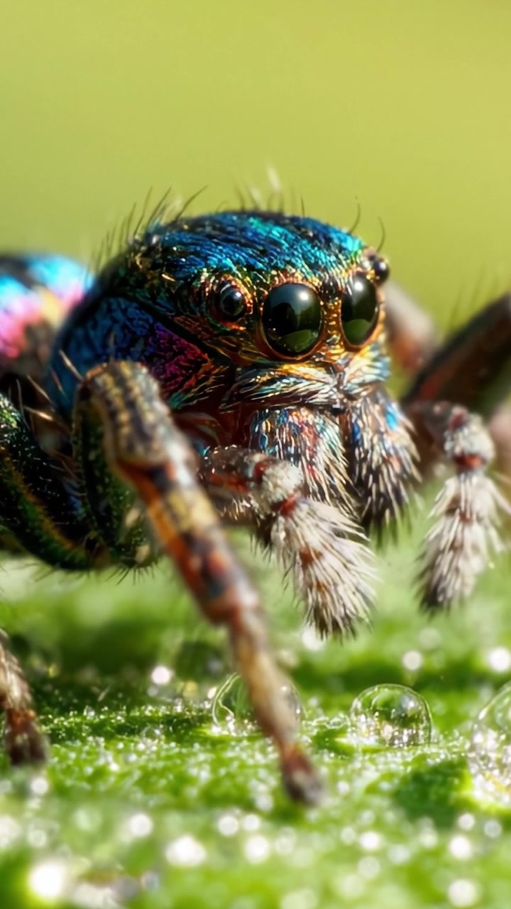Close-up of a Vibrant and Colorful Spider with Detailed Features, Showcasing Its Strikingly Bright Fur and Distinctive Eyes in an Enchanting Natural Setting
