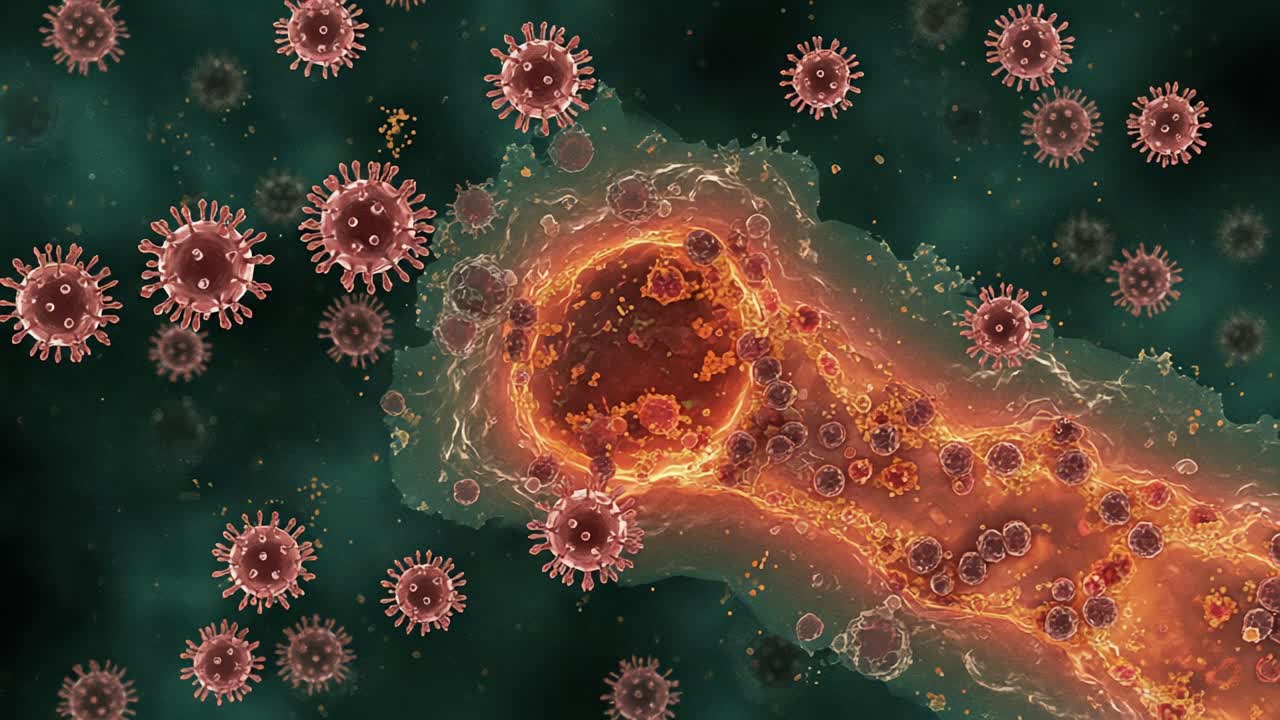 Interazione microscopica di particelle virali con la cellula ospite: una visione dettagliata delle dinamiche di infezione e della risposta cellulare in una visualizzazione vivace e colorata