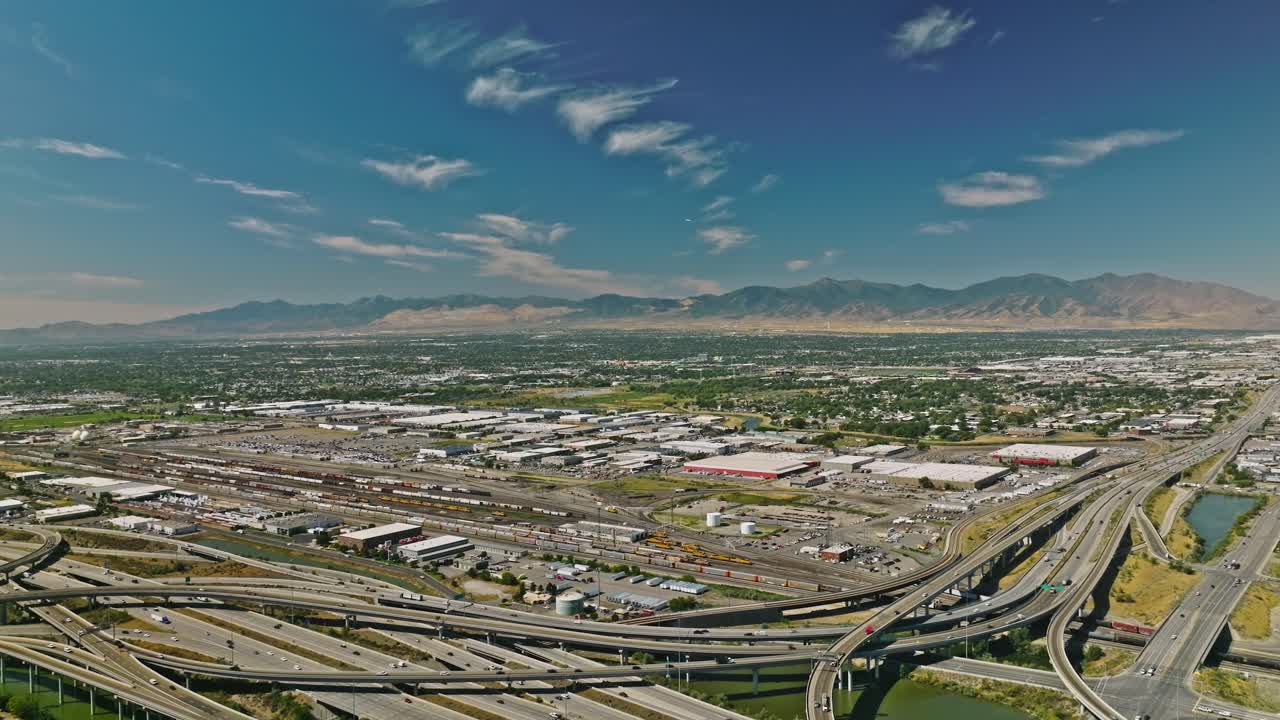 Aerial view of a multiple lane highway leading to downtown