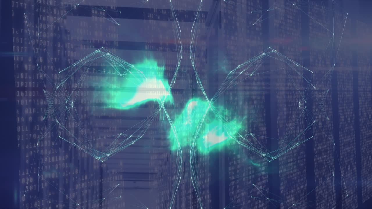 Animation of network of connections, globe and lights over servers