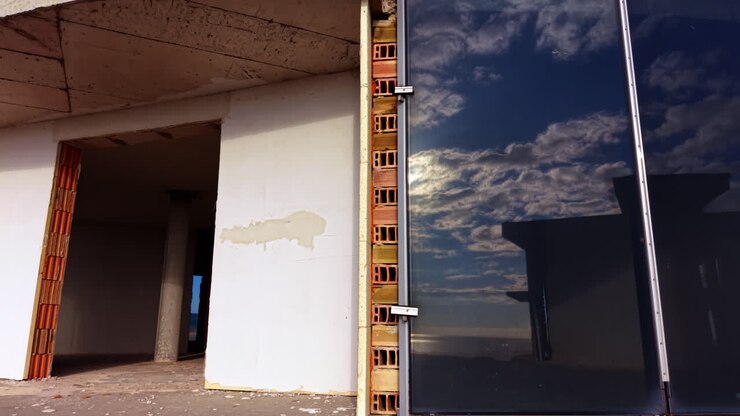 Salendo lungo la facciata dell'edificio incompiuto. Futuro grattacielo con finestre in vetro colorato