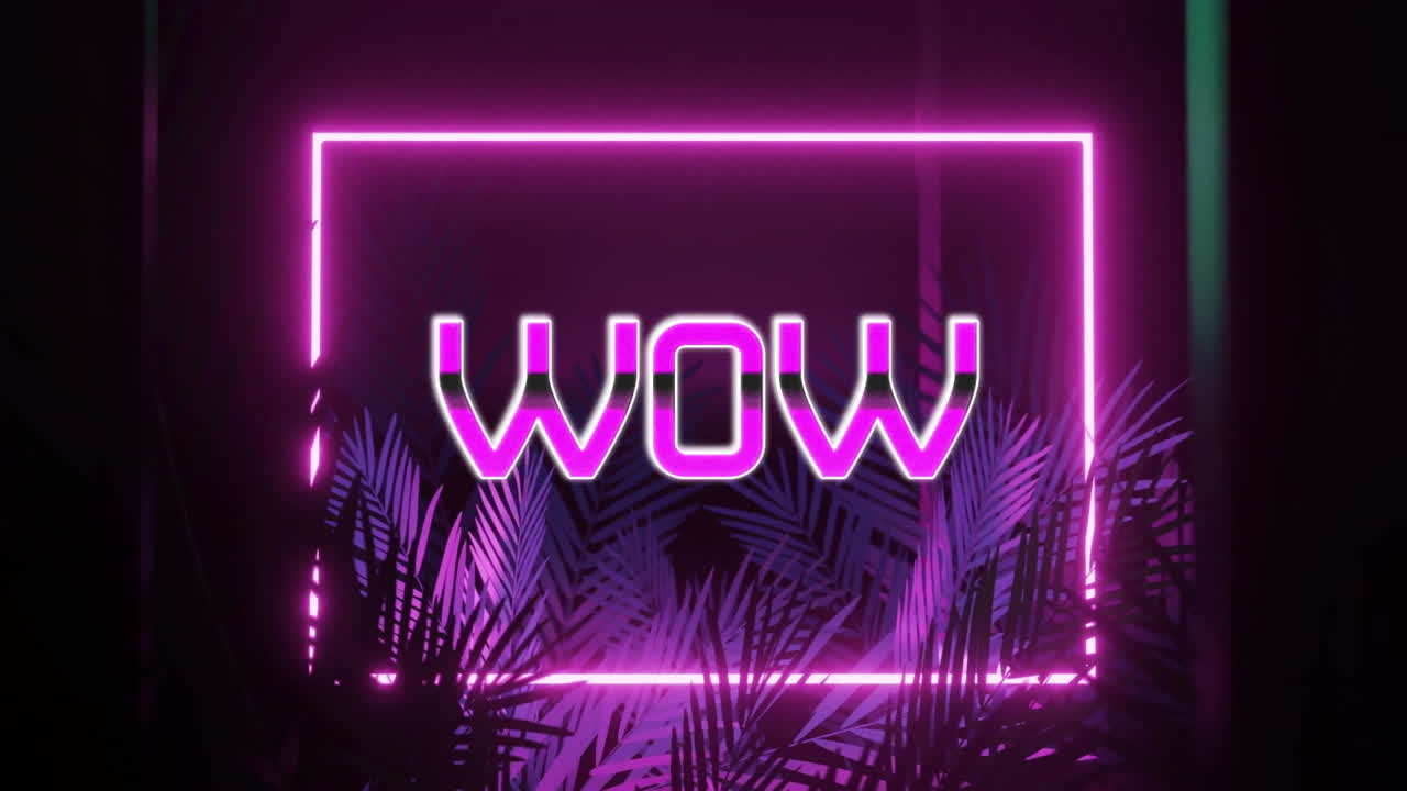 Animation of wow text over neon frame and leaves