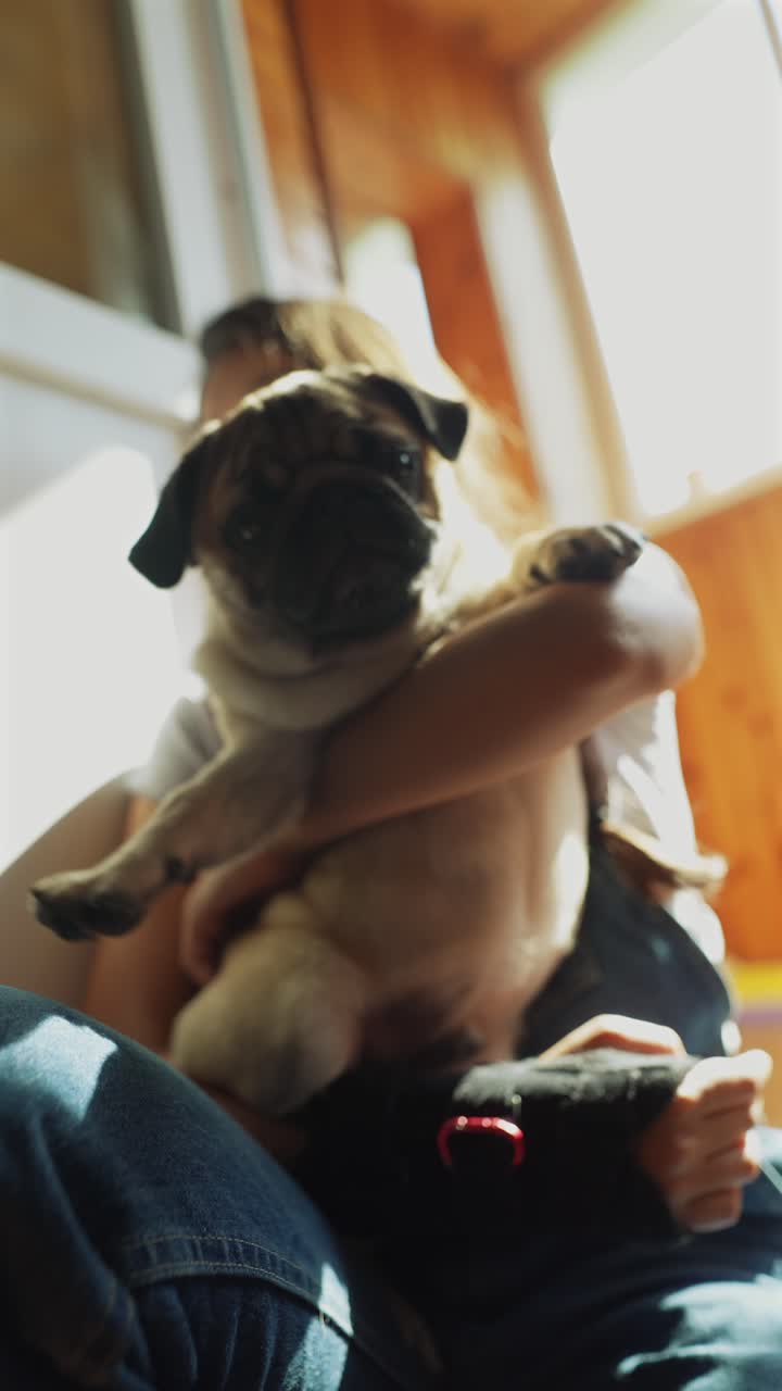 una chica abrazando a un pug