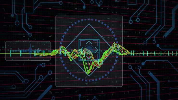 Animation of multicolored graphs with circuit board pattern, changing numbers over black background