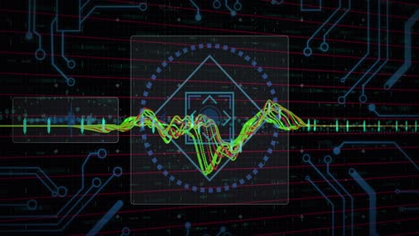 Animation-Mehrfarbiger-Diagramme-Mit-Leiterplattenmuster,-Wechselnden-Zahlen-Auf-Schwarzem-Hintergrund