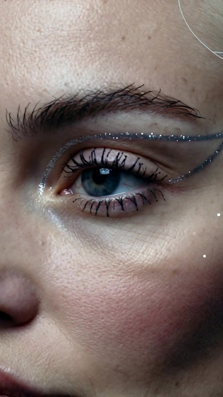 Vertical video: Blinking woman opening blue eye in studio as posing, showing glitter liner and dots