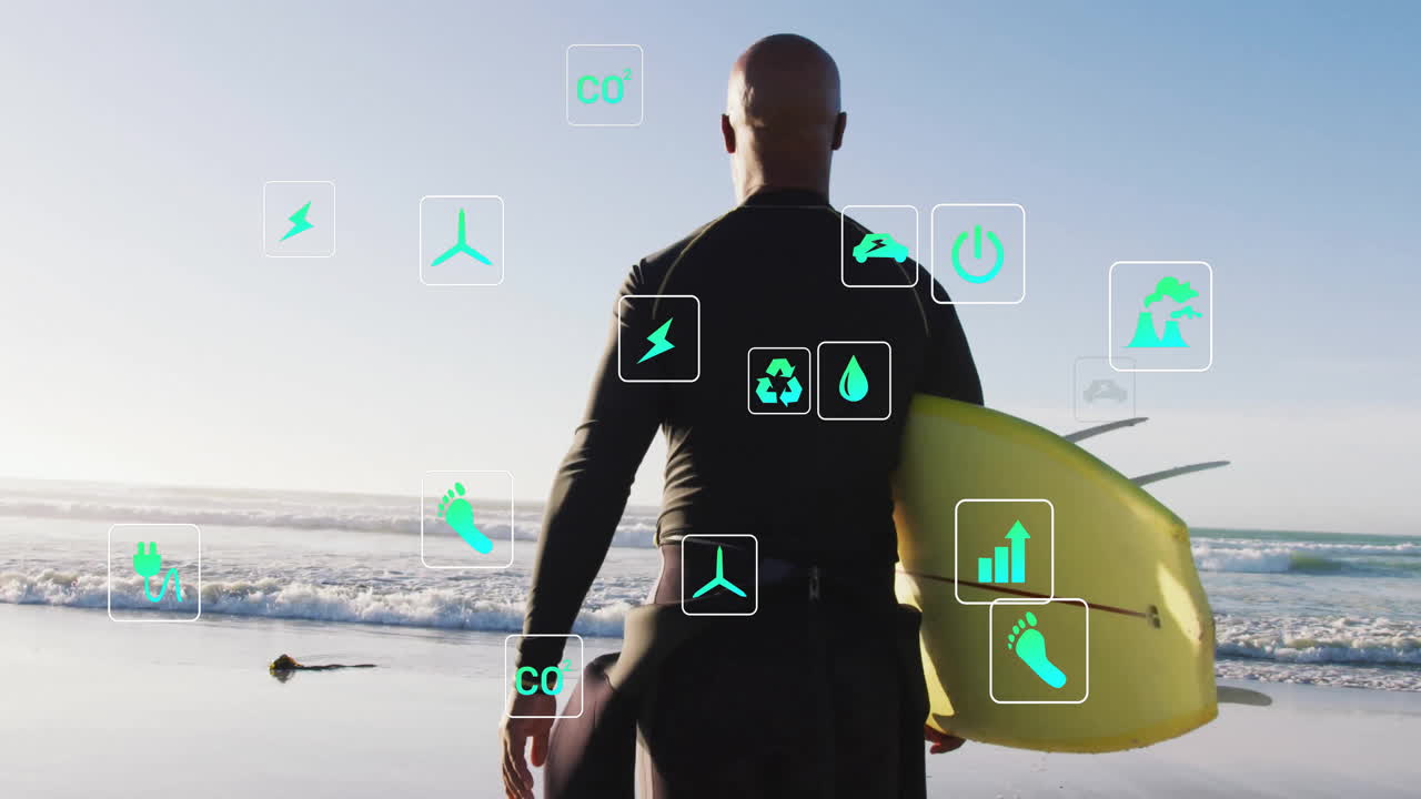 Man carrying yellow surfboard entering sea, featuring floating eco-icons and business chart