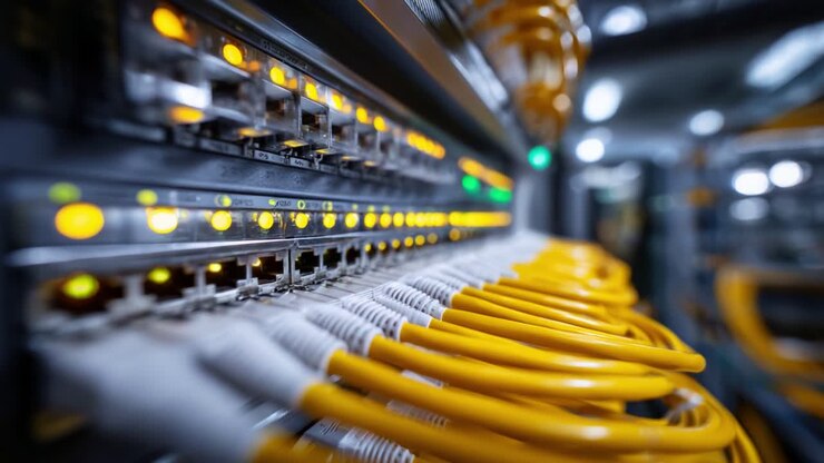 A Close-Up View of Network Cables and Switches Featuring Luminous Indicators in a High-Tech Data Center Environment