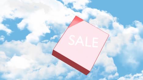 Animation-of-shoping-bag-with-sale-text-falling-over-cloudy-sky