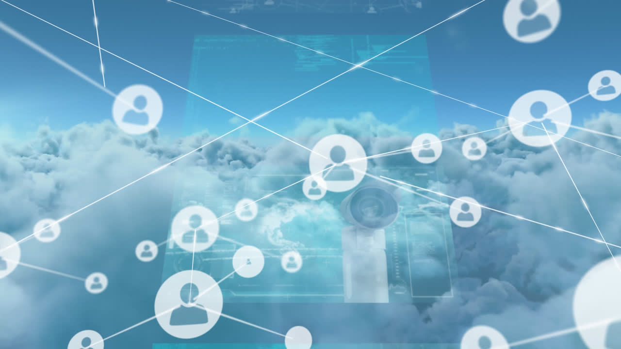 스크린과 하늘 위의 아이콘과 사람과의 연결 네트워크의 애니메이션