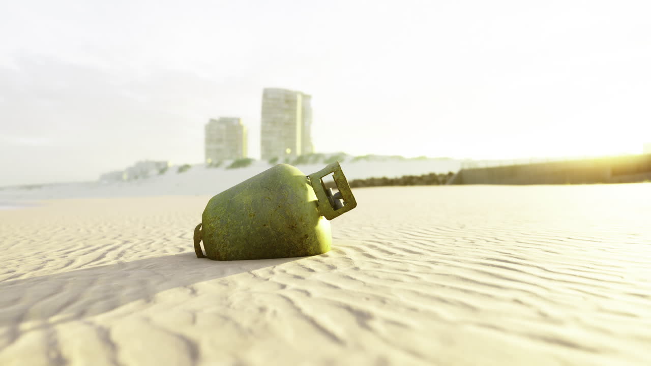 이른 아침에 빛 아래 작은 물체와 함께 해변 풍경