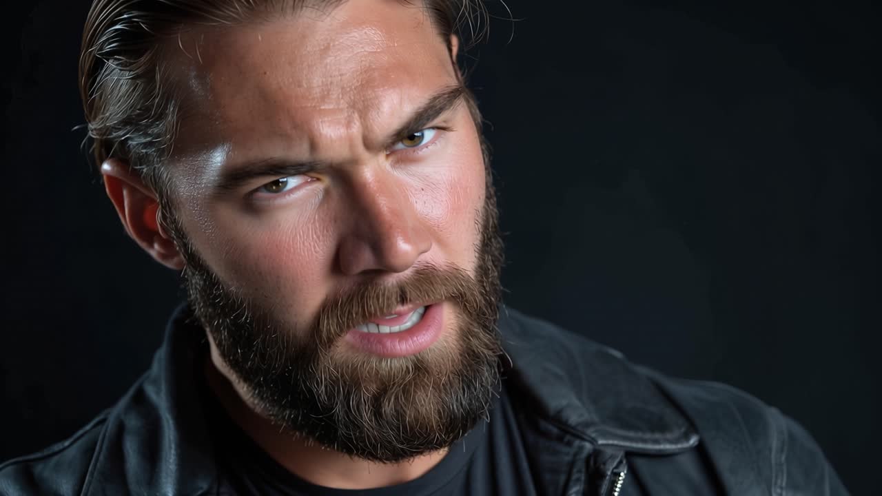 Uma foto em close-up destacando um homem sério e com olhar intenso, com barba proeminente e expressão penetrante, contra um fundo escuro, evocando força e confiança.