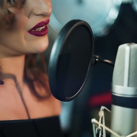 woman singing in the recording studio. profile of a woman with a beautiful face and lips.