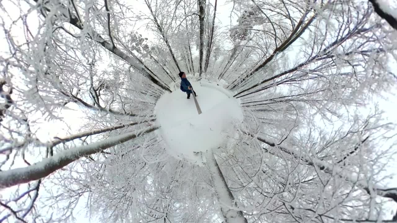 아름다운 겨울 숲을 고 있는 남자, 360° 영상, 360° vr, 작은 행성 효과