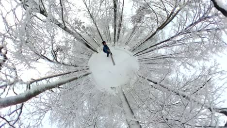 man walking through beautiful winter forest, vr360, 360vr, 360 video, 360 degree, vr, little planet effect