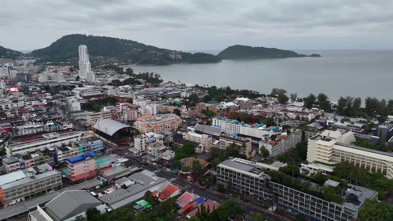 Aerial drone view patong town phuket city thailand thai bangla road south east asia Andaman Sea west coast