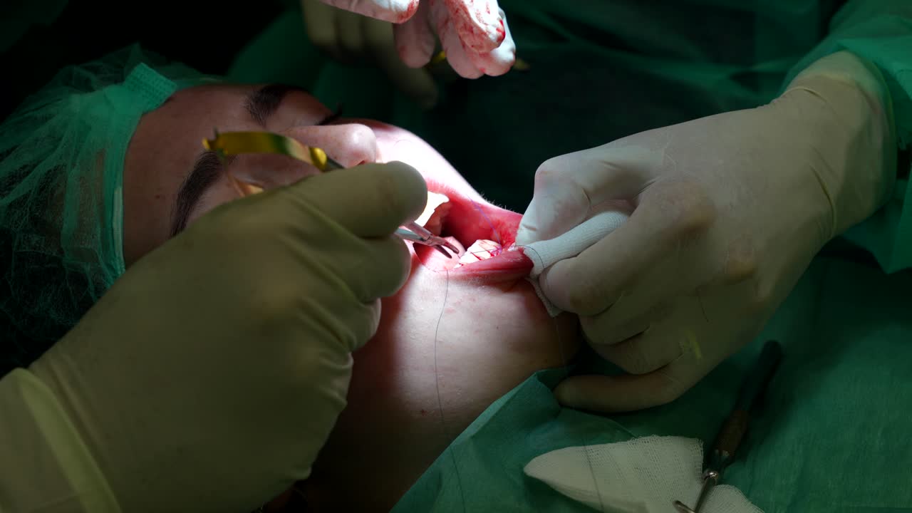 un cirujano dentista cosiendo la mandíbula de un paciente.