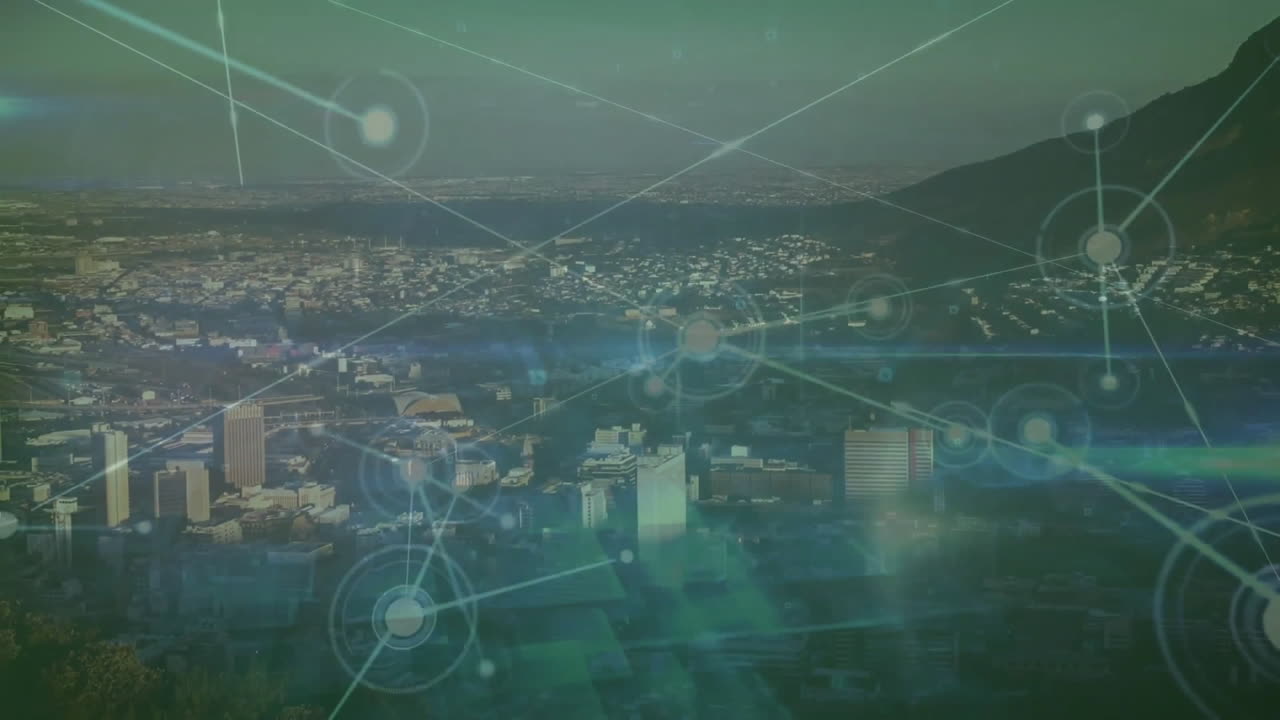 도시 풍경 위의 스과 연결된 네트워크의 애니메이션