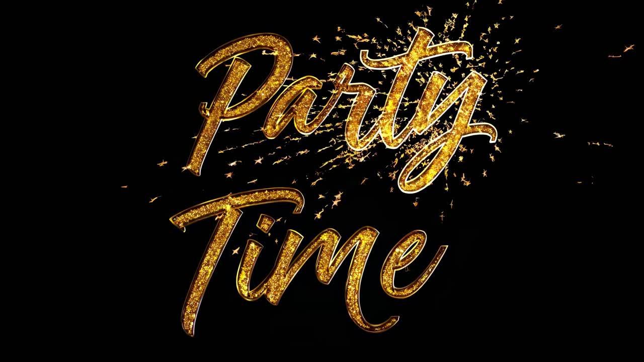 Dynamic, glittering 'Party Time' text animation on a dark background, viewed from a straight-on