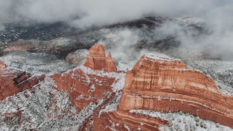 Red-Rock-Formations-Blanketed-In-Snow-In-Winter-In-Sedona,-Arizona