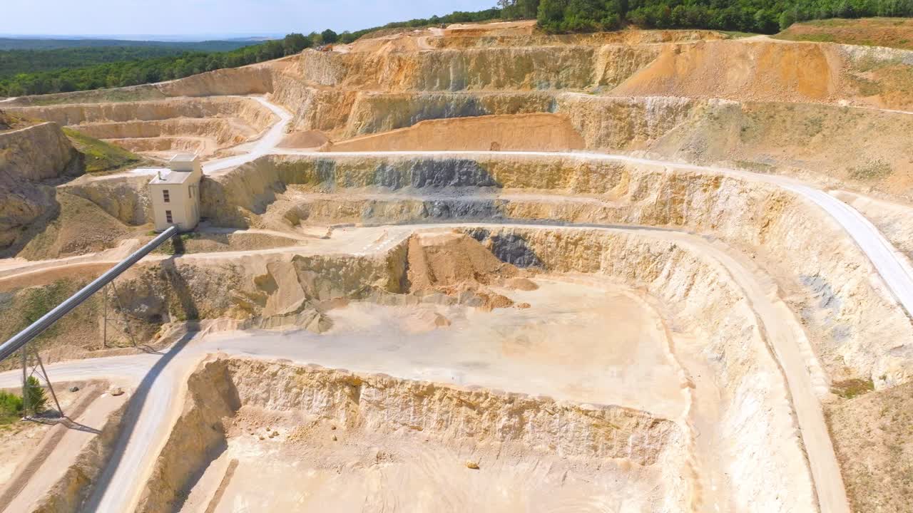 Terraced Wall Of Large Open Mine Limestone Quarry - aerial drone shot