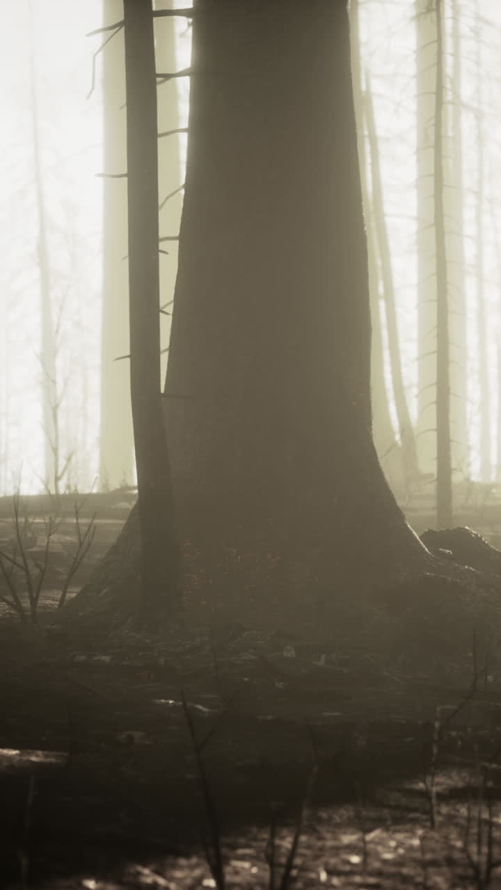 последствия лесного пожара: сожженные деревья и дымящийся ландшафт