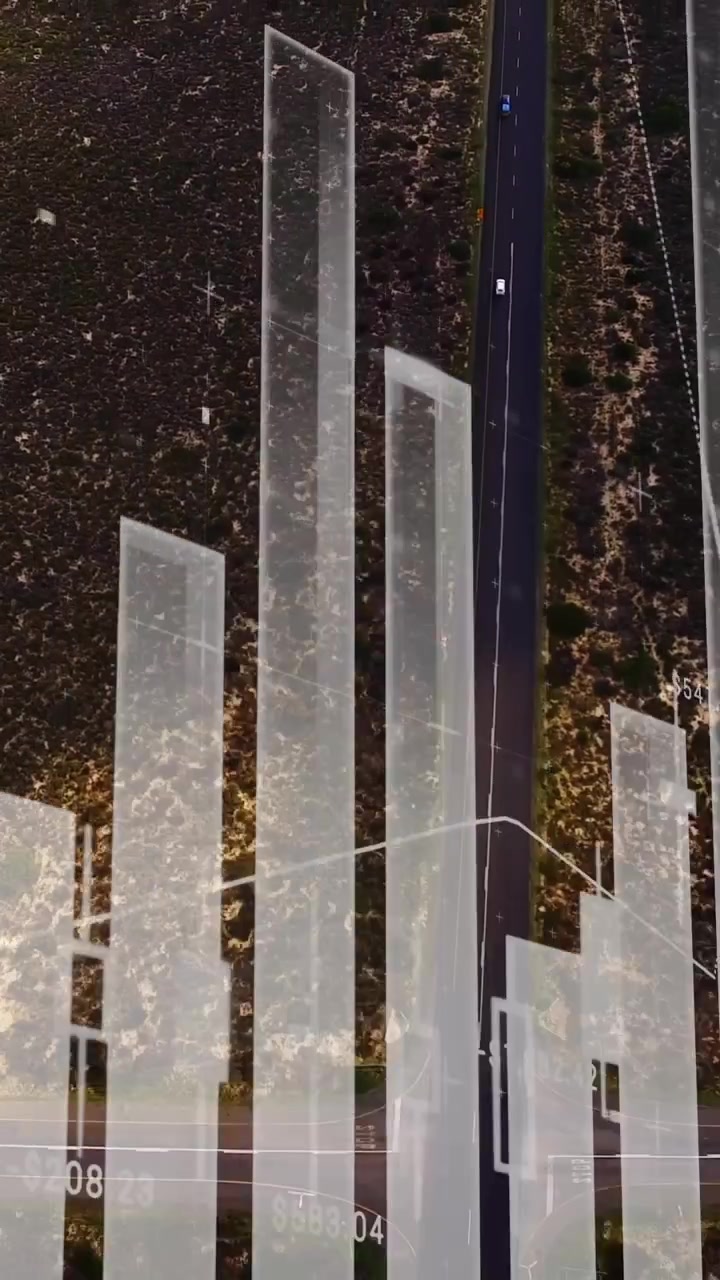 Financial data analysis animation over aerial view of road through landscape