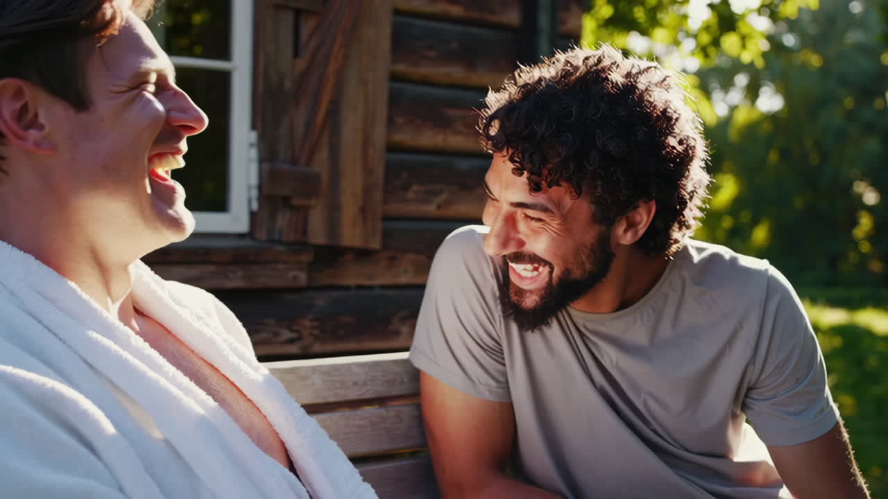 Two friends laughing and relaxing outdoors on a sunny day