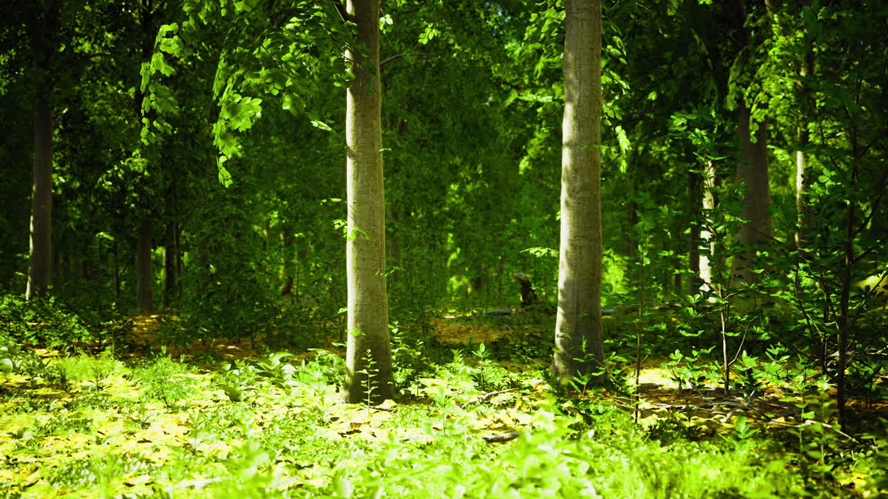 Vibrant green forest with tall trees and sunlit foliage during daytime