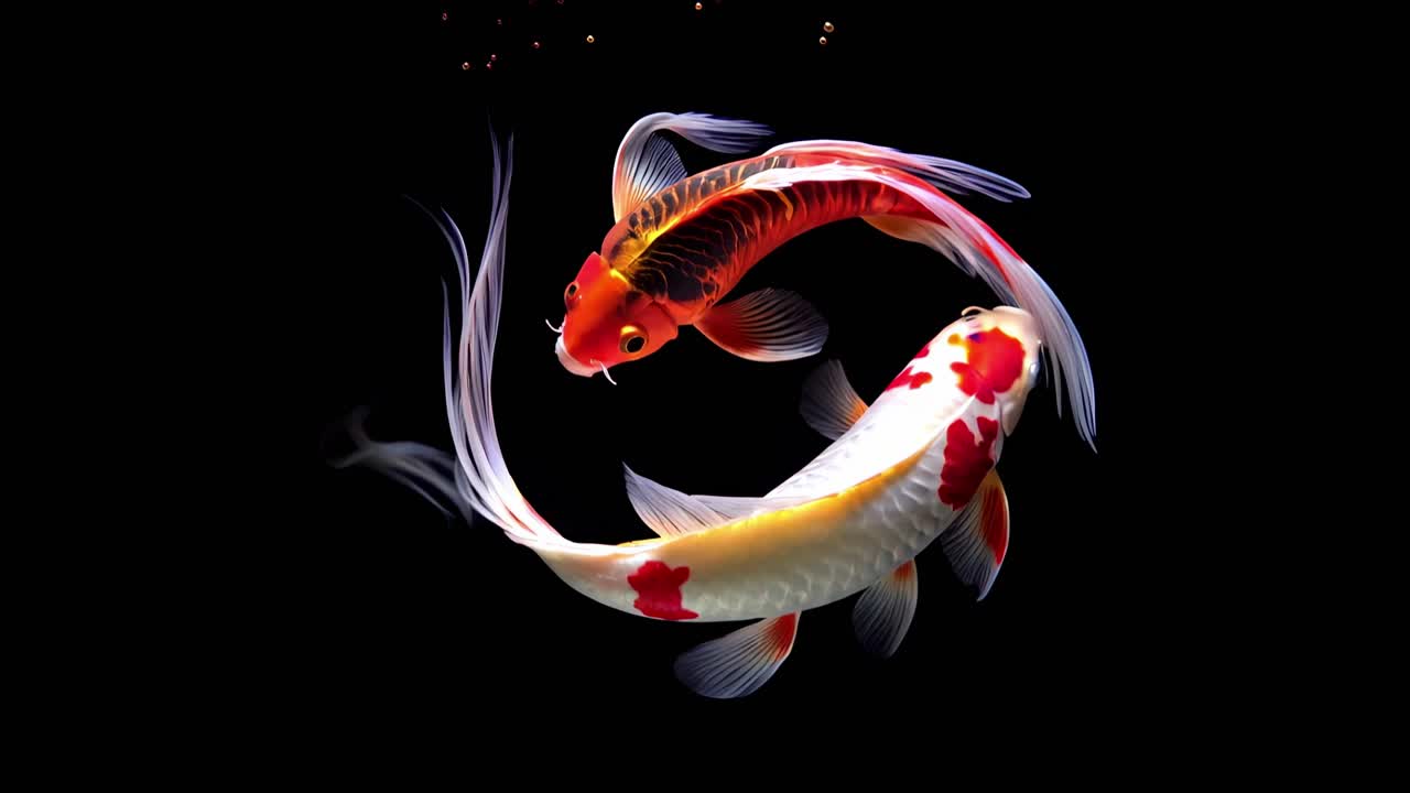Captura de vídeo vista de cima de dois vibrantes peixes koi nadando graciosamente contra um fundo preto