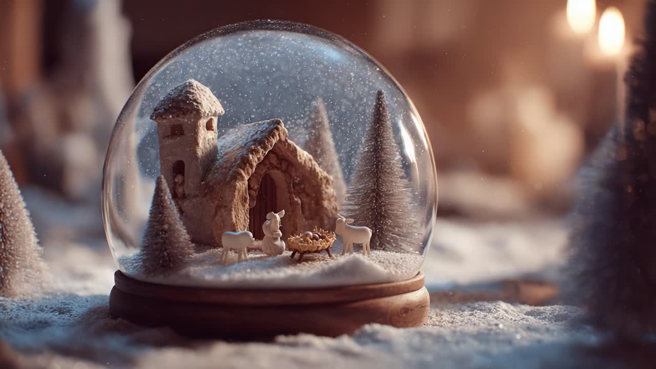 Un incantevole paesaggio invernale dentro una sfera di vetro con un accogliente cottage, alberi radiosi coperti di neve e statuette affascinanti sotto una luce soffusa e scintillante